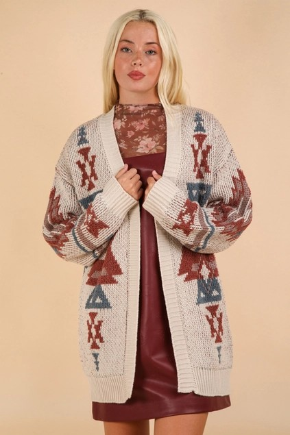 Navajo Skies Aztec Printed Oversized Knit Sweater Cardigan Cream Rust Teal My Site