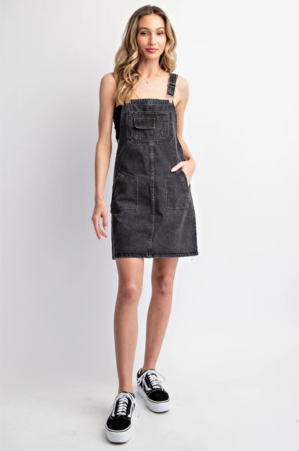 Black Denim Overalls Mini Dress